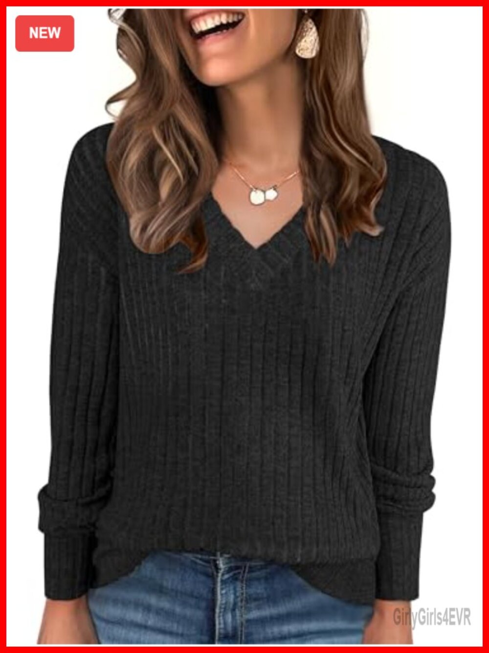 Ribbed Knit V Neck Long Sleeve Tunic Top Loose Fit Casual Winter